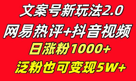 文案号新玩法 网易热评+抖音文案 一天涨粉1000+ 多种变现模式 泛粉也可变现-MOY工作室